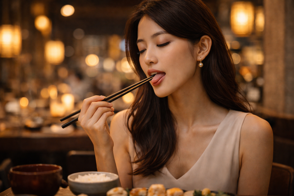 woman licking chopsticks bad chopstick etiquette guide